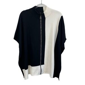 Chico's Women Luxe Black White Knit Sweater Poncho Rhinestone Zipper S/M
